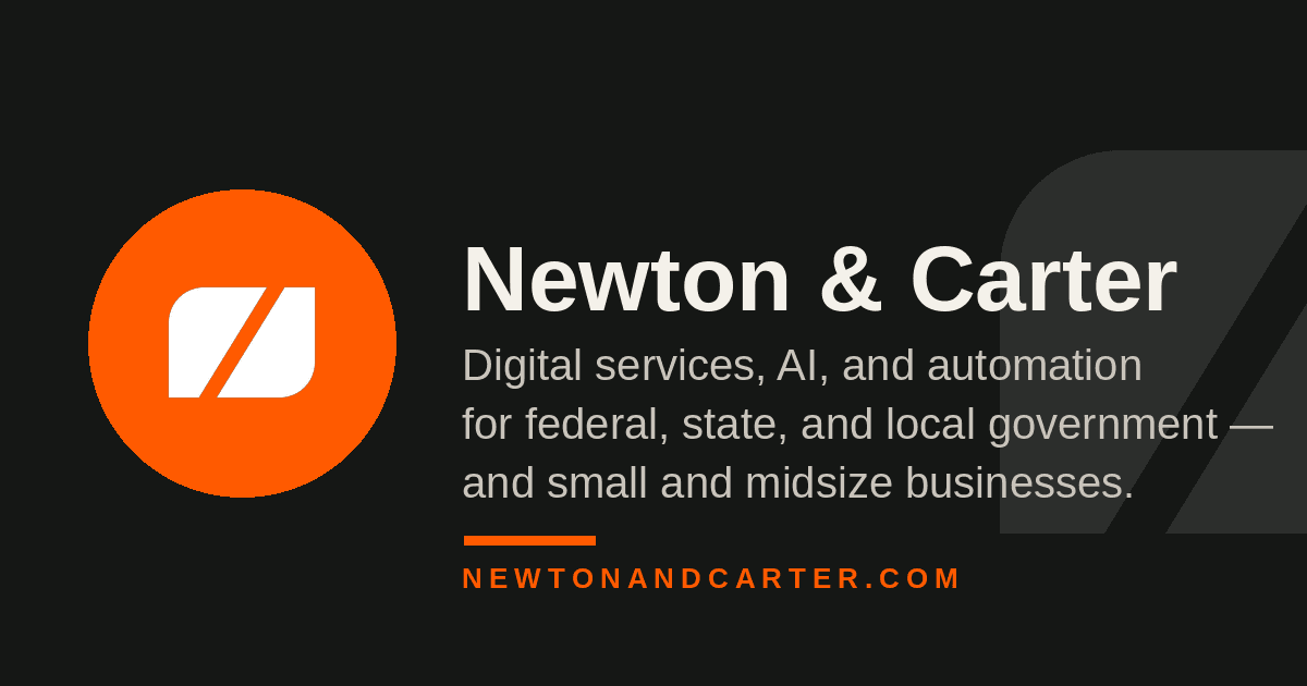 Newton & Carter's published brand artwork: the paired Twofold symbol in orange beside the firm name on an ink background.