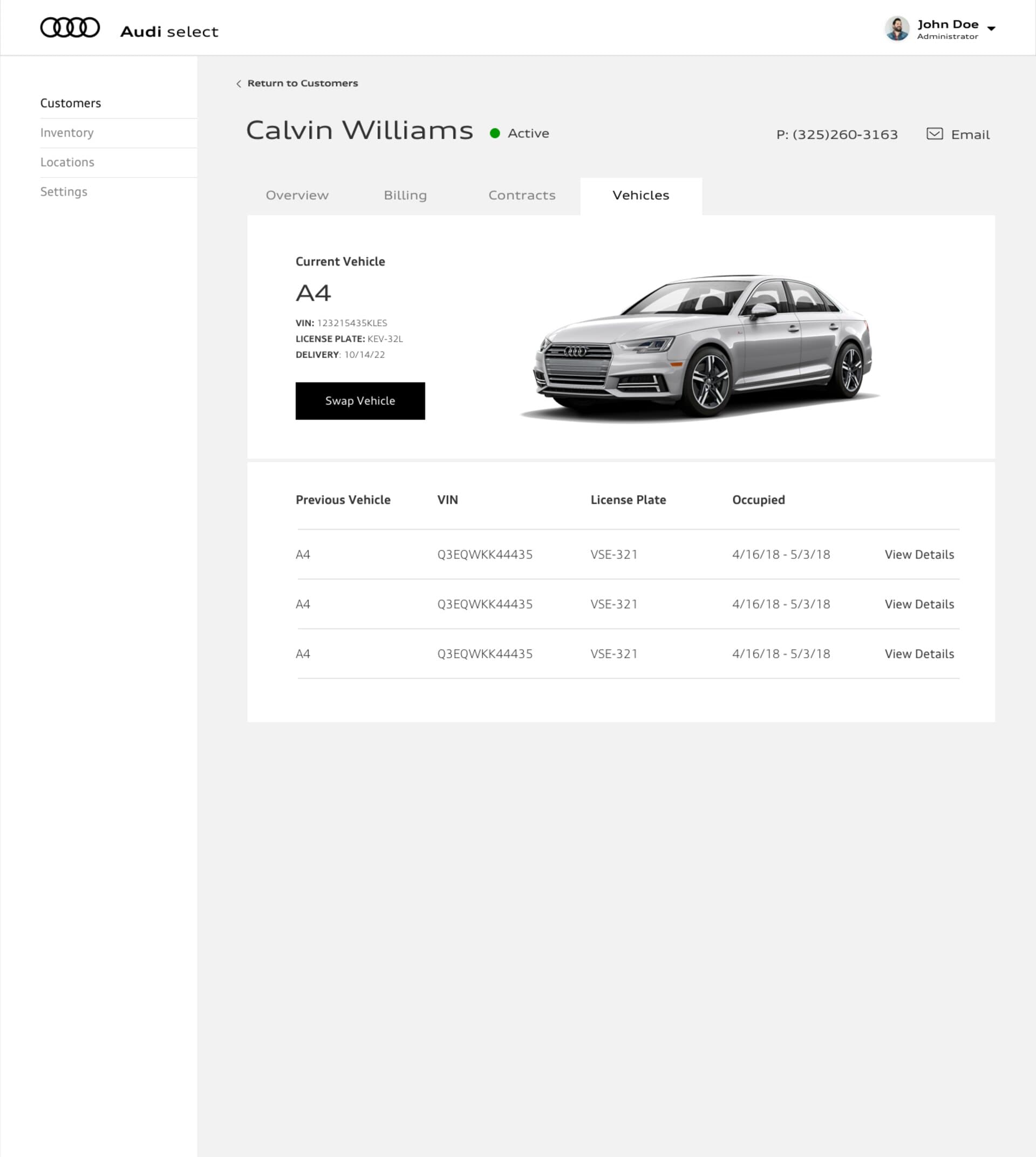 Customer portal, vehicles tab with current A4, swap button, and vehicle history
