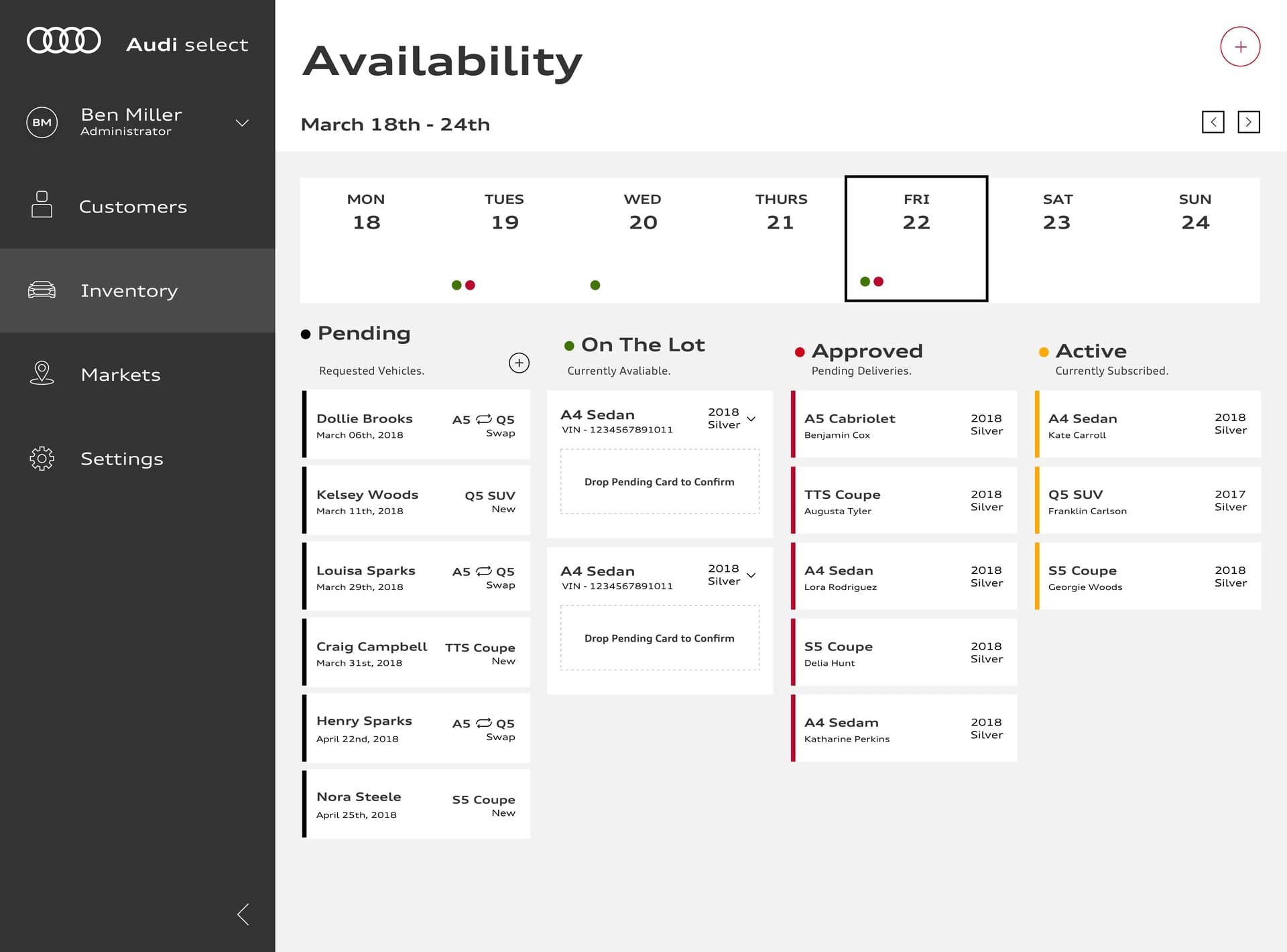Operations portal, weekly availability calendar and kanban board for vehicle swap pipeline