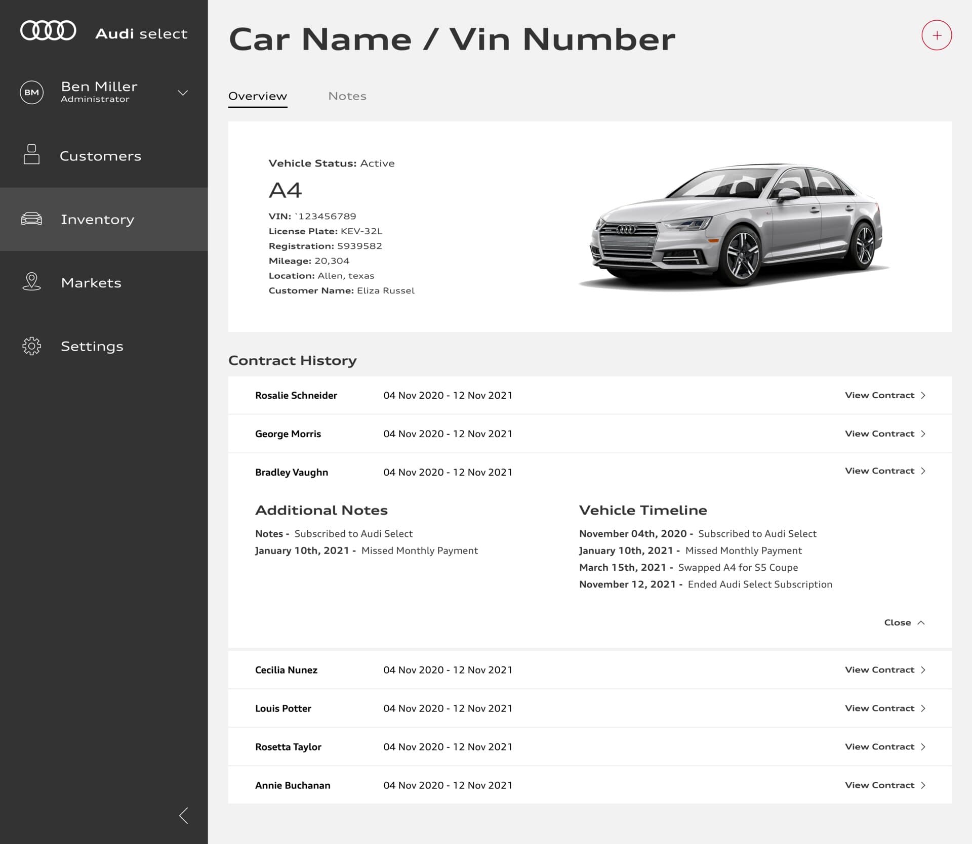 Operations portal, vehicle detail view with VIN, contract history, and timeline