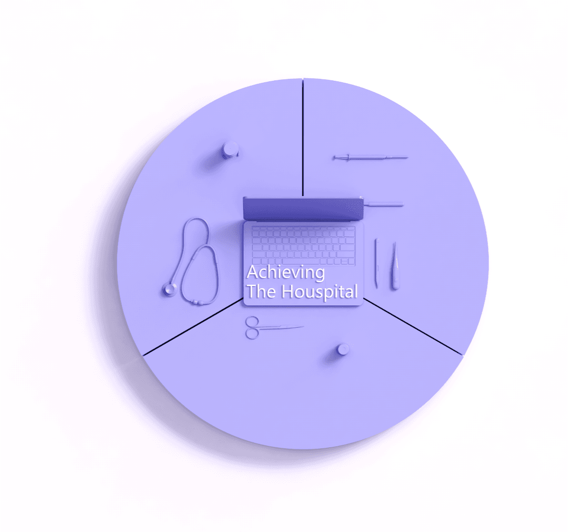 3D render of a laptop surrounded by medical instruments on a purple circle, titled Achieving the Houspital, the vision of hospital-quality care at home