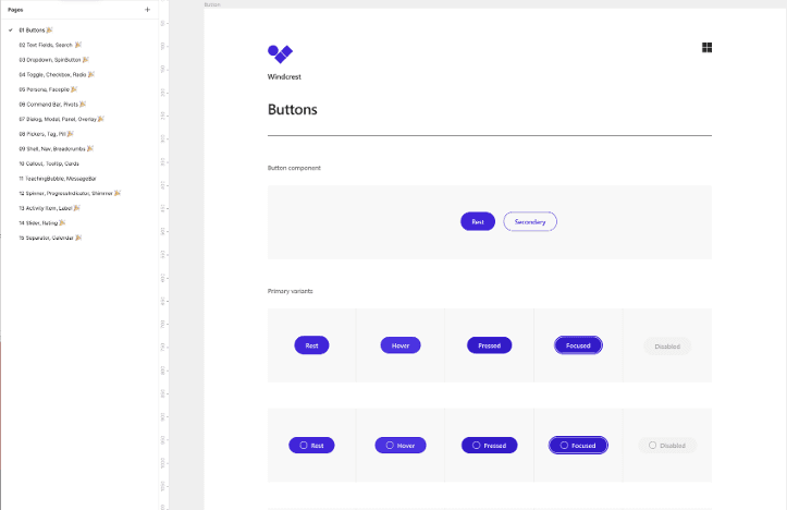 Windcrest design system component library in Figma showing button variants: Rest, Hover, Pressed, Focused, and Disabled states in primary purple with outlined alternatives
