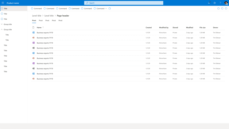 Microsoft Fluent Design System file browser interface showing the Windcrest component library with navigation sidebar and data table layout