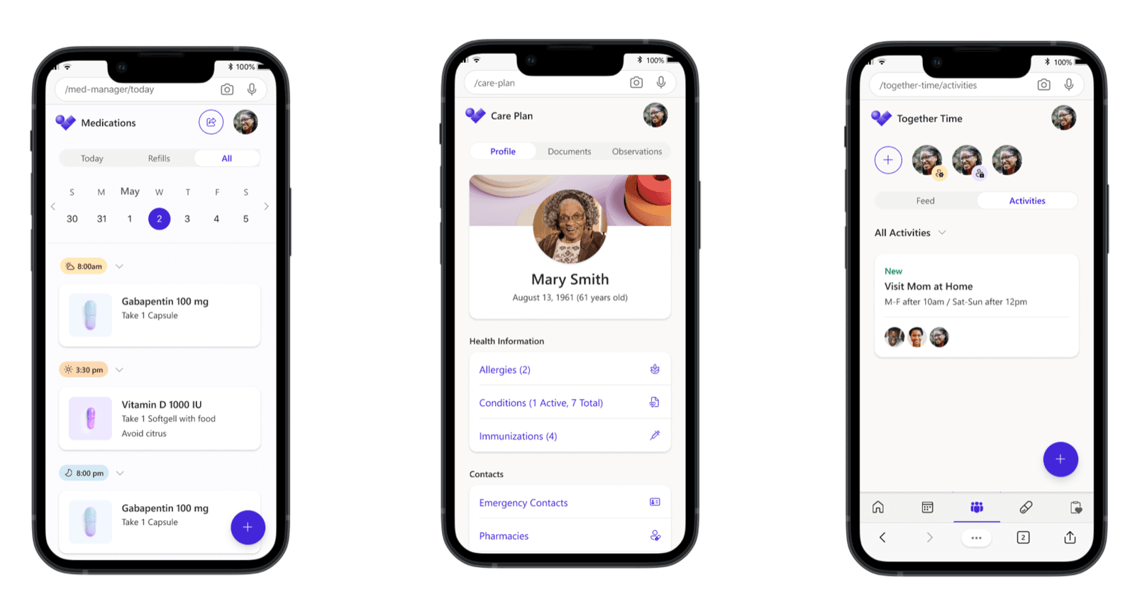 Three iPhone mockups showing the Connected Care app: Medications manager with daily schedule, Care Plan with patient profile and health information, and Together Time with family activity coordination