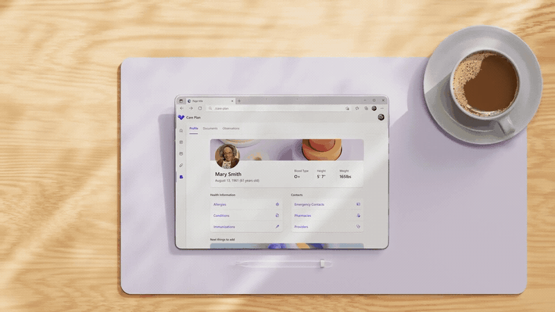 Four Connected Care app screens: Mary's Health dashboard with Health Score of 68 and metrics, Insight view with blood sugar activity recommendations, Things to Ask doctor appointment prep with reports, and Health Polls community feature with Care Bot