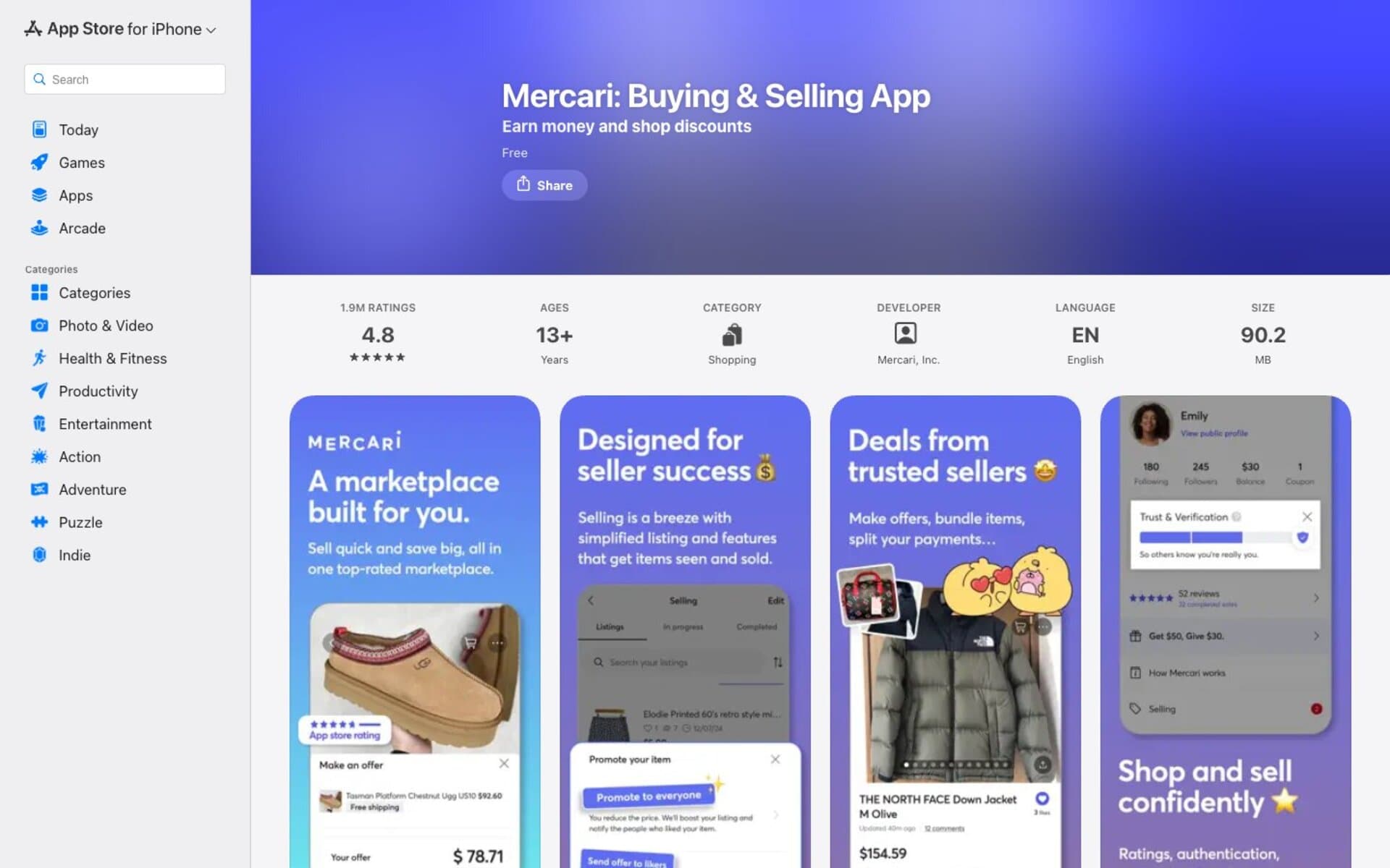 Mercari App Store listing showing 4.8-star rating and app screenshots