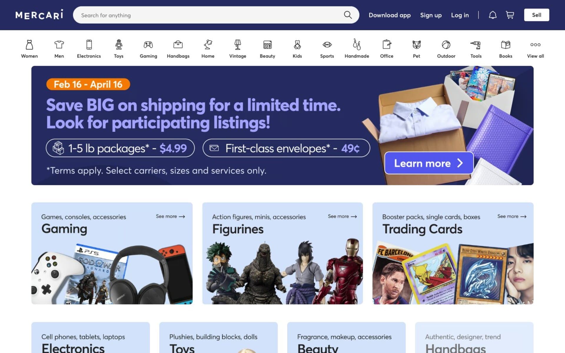 Mercari marketplace homepage with search, categories, and featured listings
